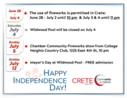 The use of fireworks is permitted in Crete: June 28 - July 2 until 10 pm  & July 3 & 4 until 11 pm. Wildwood Pool will be closed on July 4. Sunday, July 5: Chamber Community Fireworks show from College Heights Country Club, 1225 East 4th St, 10 pm. Sunday