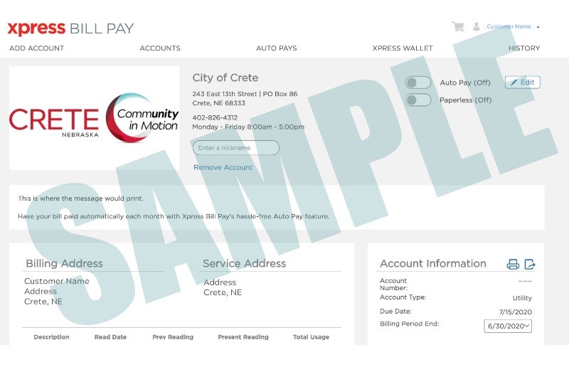 City of Crete Nebraska New lettersize utility bills; Xpress Bill Pay