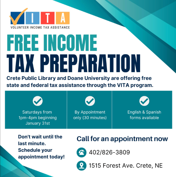Volunteer Income Tax Assistance program starts Jan. 31 at Crete Public Library.